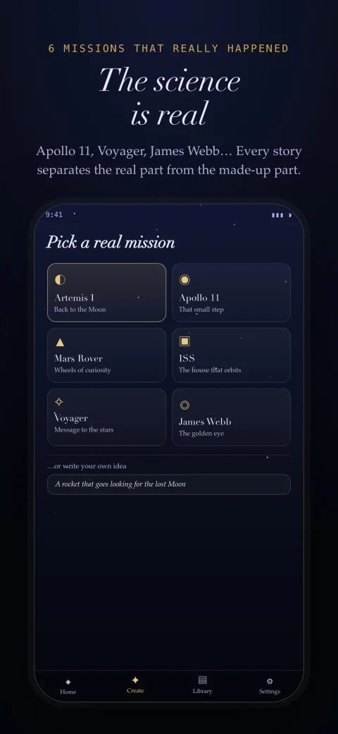 The in-app catalogue of real space missions, with Apollo 11, Voyager and the James Webb telescope among the options.