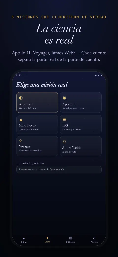 Catálogo de misiones espaciales reales dentro de la app, con Apolo 11, Voyager y el telescopio James Webb entre las opciones.