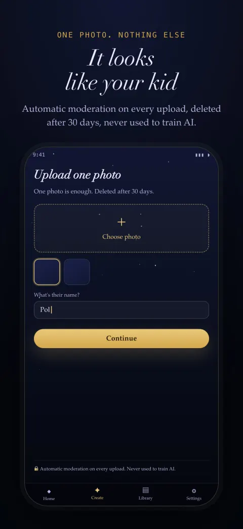 The app's photo-upload screen, showing the automated-moderation notice and the 30-day deletion rule.