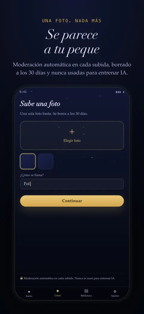 Pantalla de subida de foto de la app, con el aviso de moderación automática y borrado a los 30 días.