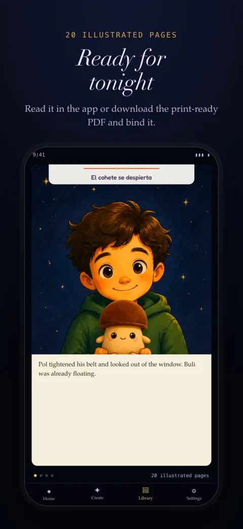 The in-app reader showing an illustrated page of the personalised storybook.