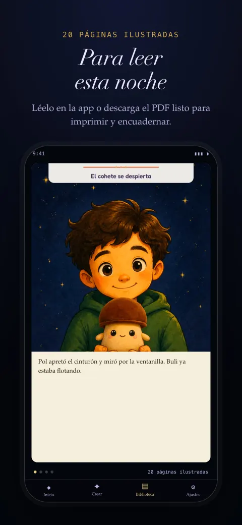 Lector de la app mostrando una página ilustrada del cuento personalizado.