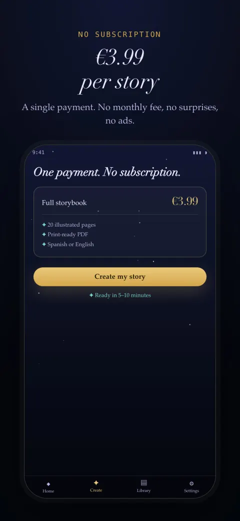 The app's purchase screen: €3.99 for the full 20-page book, no subscription.