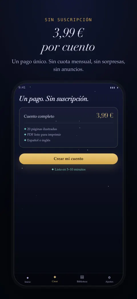 Pantalla de compra de la app: 3,99 € por el libro completo de 20 páginas, sin suscripción.