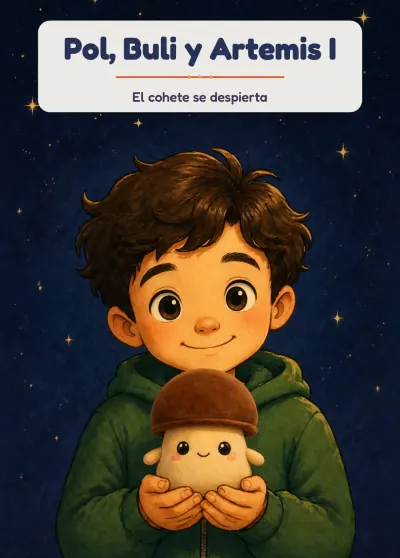 Pol y Buli en la portada de su cuento personalizado de la misión Artemis I