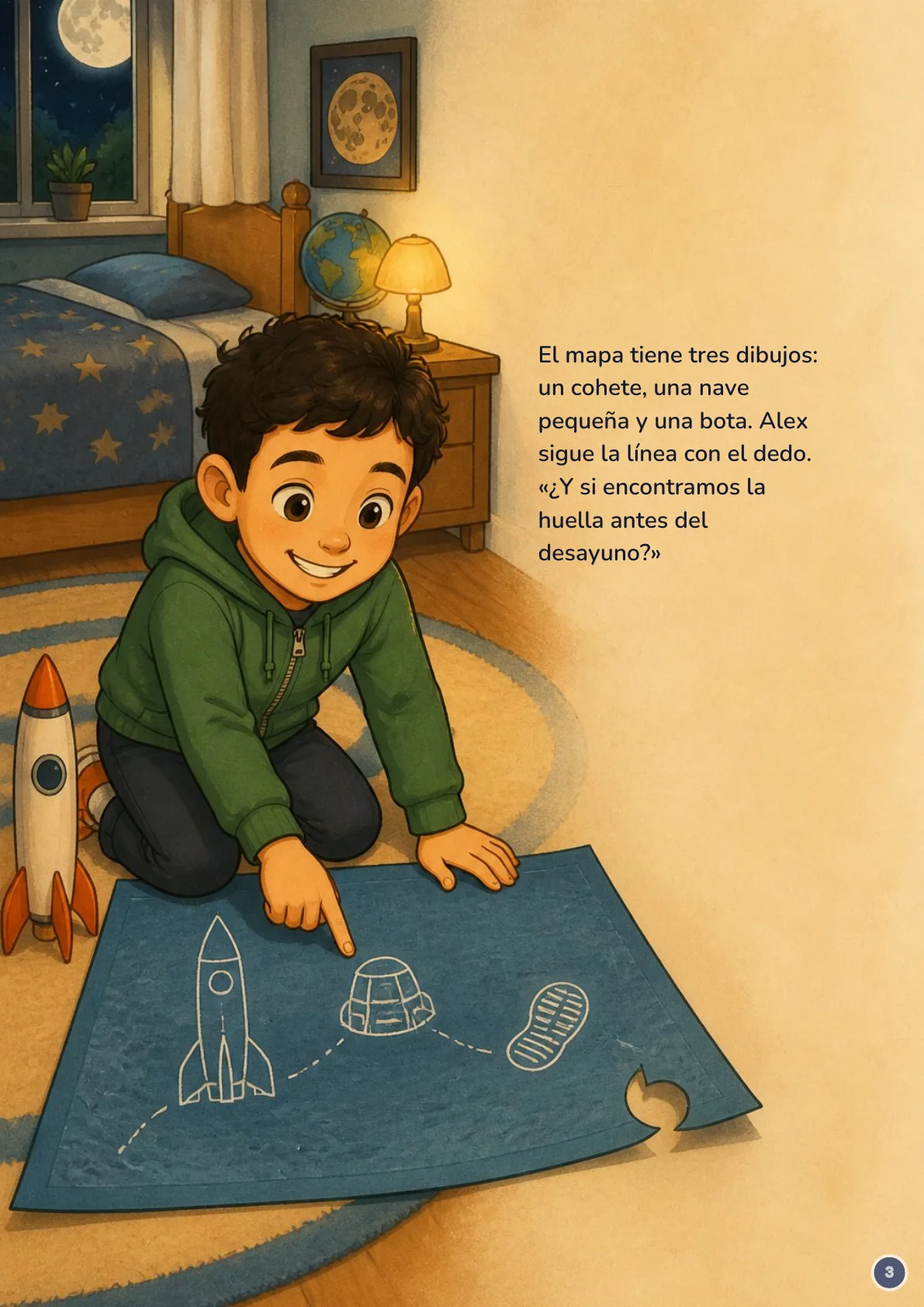 Page 3: Alex points to a blue map with a rocket, spacecraft and footprint; Spanish text appears on the right