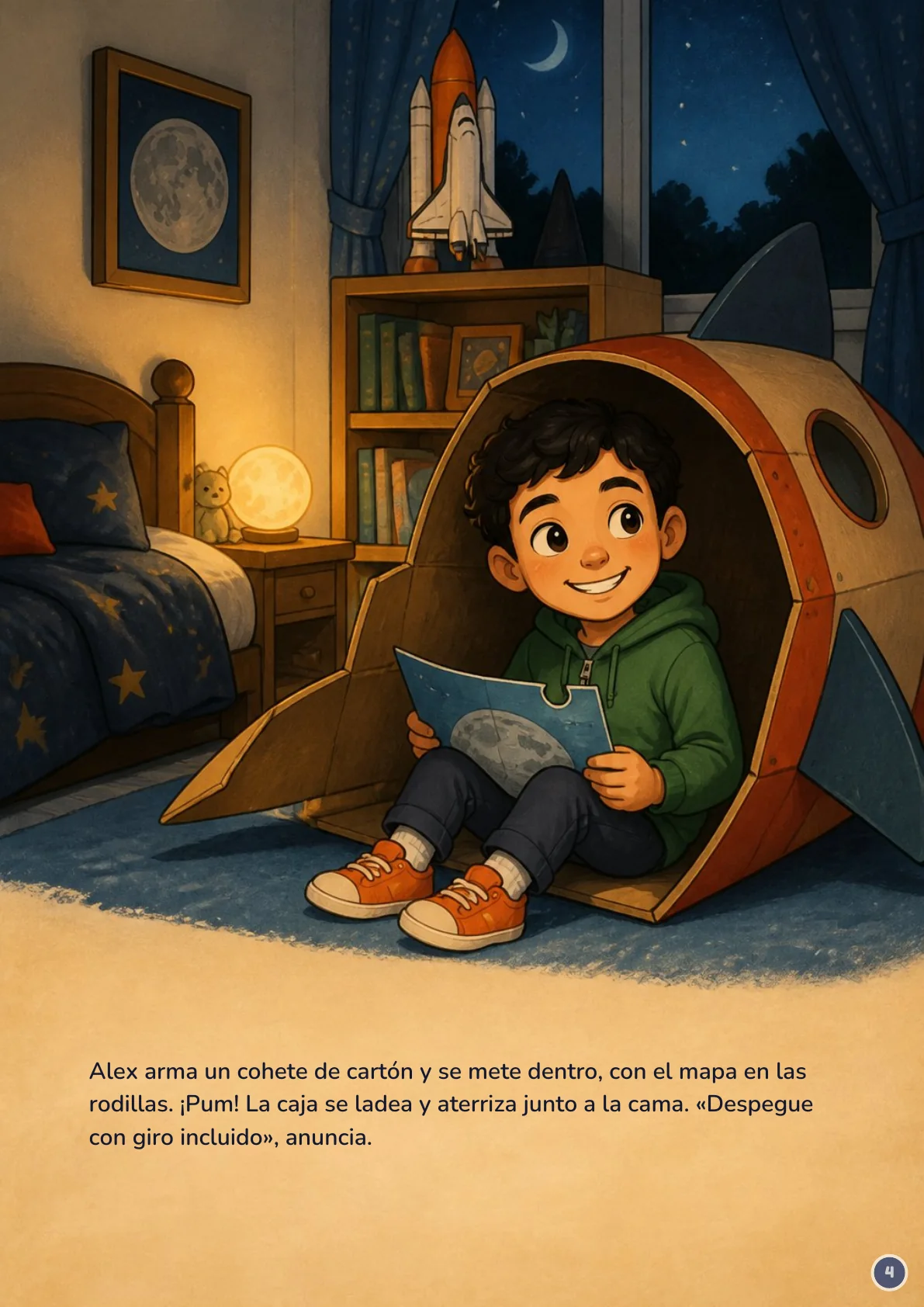 Page 4 of 20 of the fictional story Alex y el mapa de la Luna, in Spanish