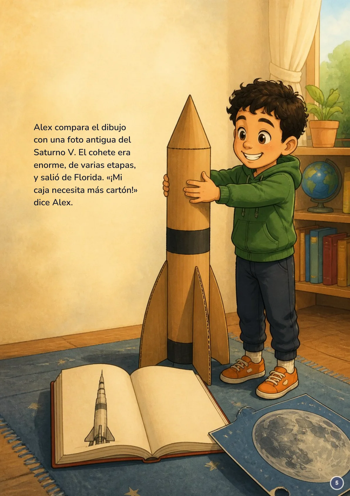 Page 5 of 20 of the fictional story Alex y el mapa de la Luna, in Spanish