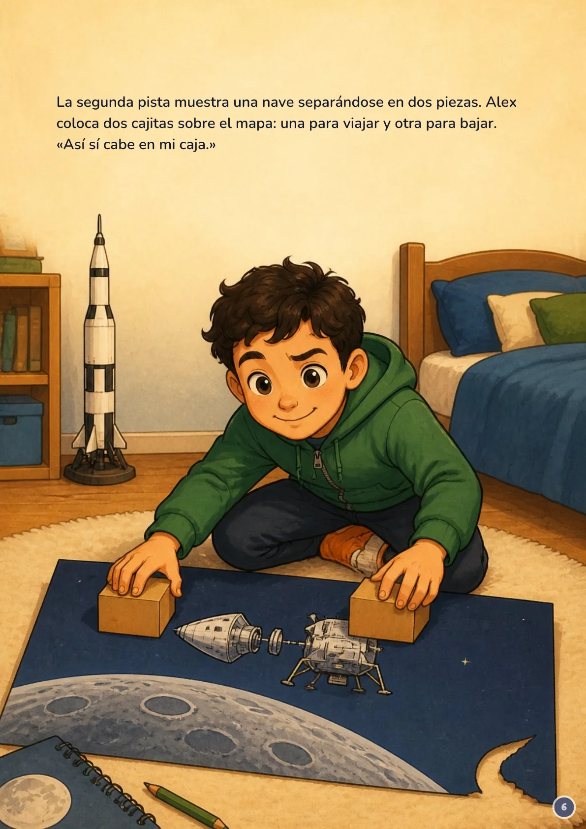 Page 6 of 20 of the fictional story Alex y el mapa de la Luna, in Spanish