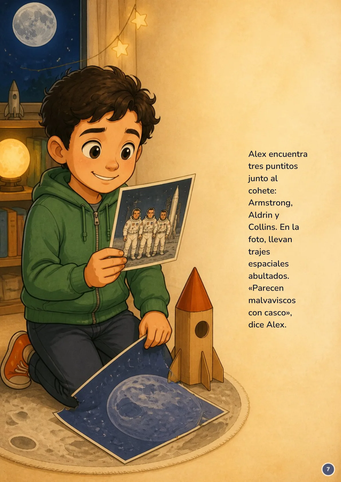 Page 7 of 20 of the fictional story Alex y el mapa de la Luna, in Spanish