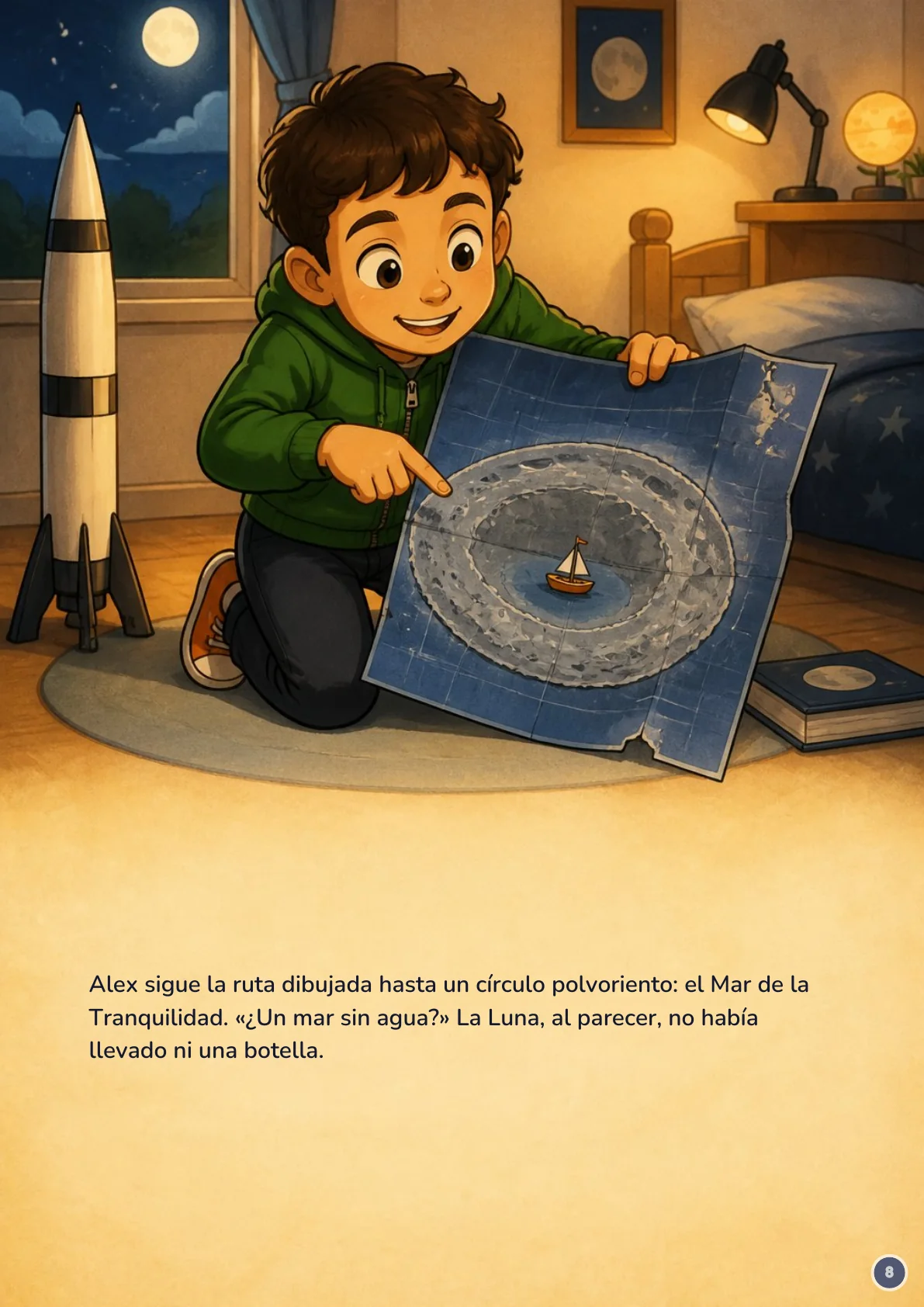 Page 8 of 20 of the fictional story Alex y el mapa de la Luna, in Spanish