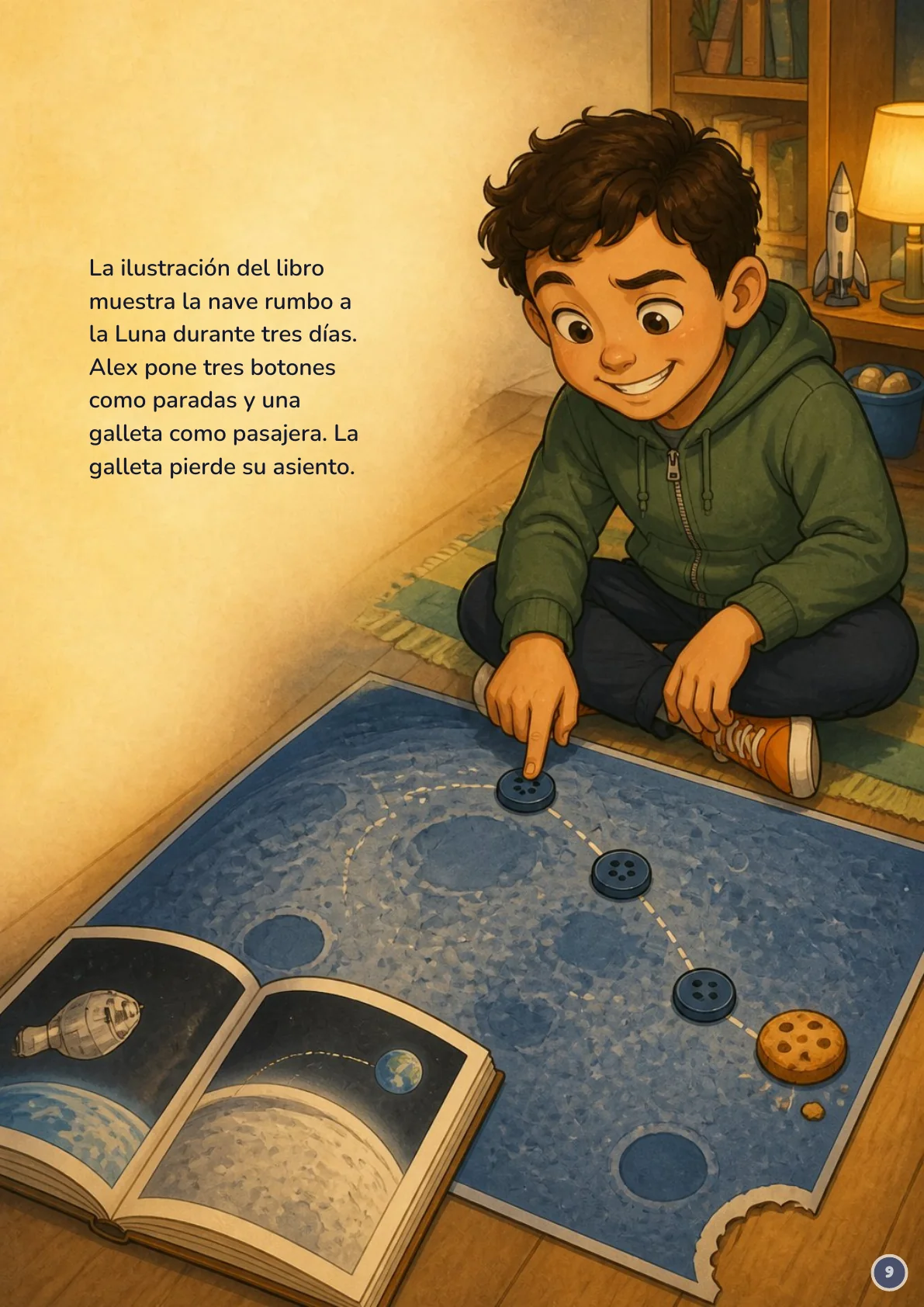 Page 9 of 20 of the fictional story Alex y el mapa de la Luna, in Spanish