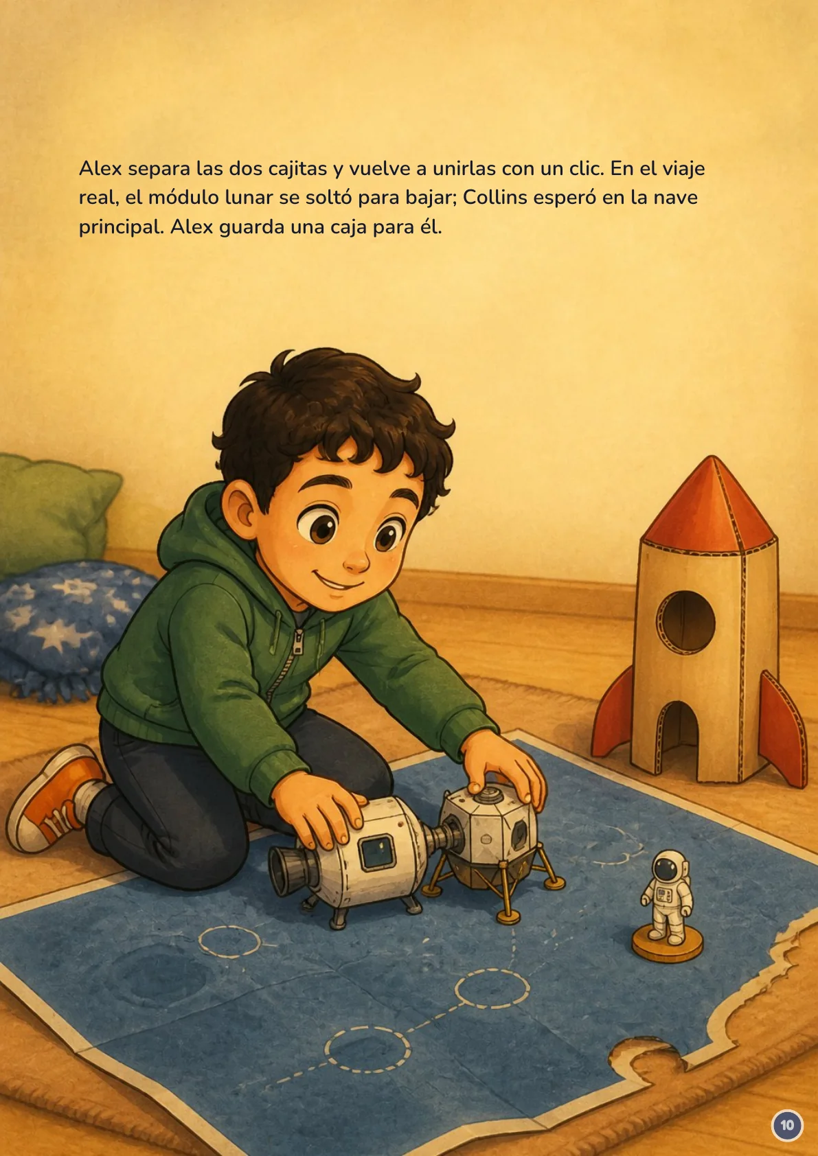 Page 10 of 20 of the fictional story Alex y el mapa de la Luna, in Spanish