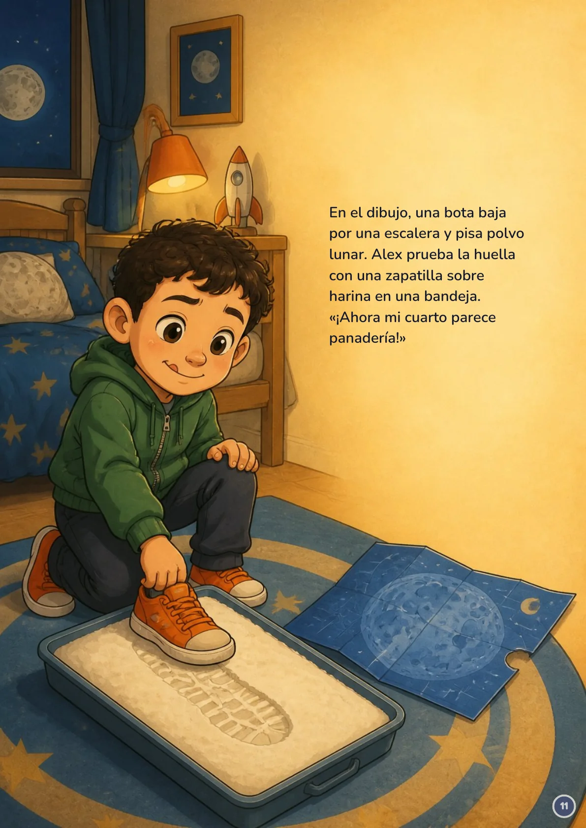 Page 11: Alex presses a shoe into flour on a tray beside a Moon map; the page text is in Spanish
