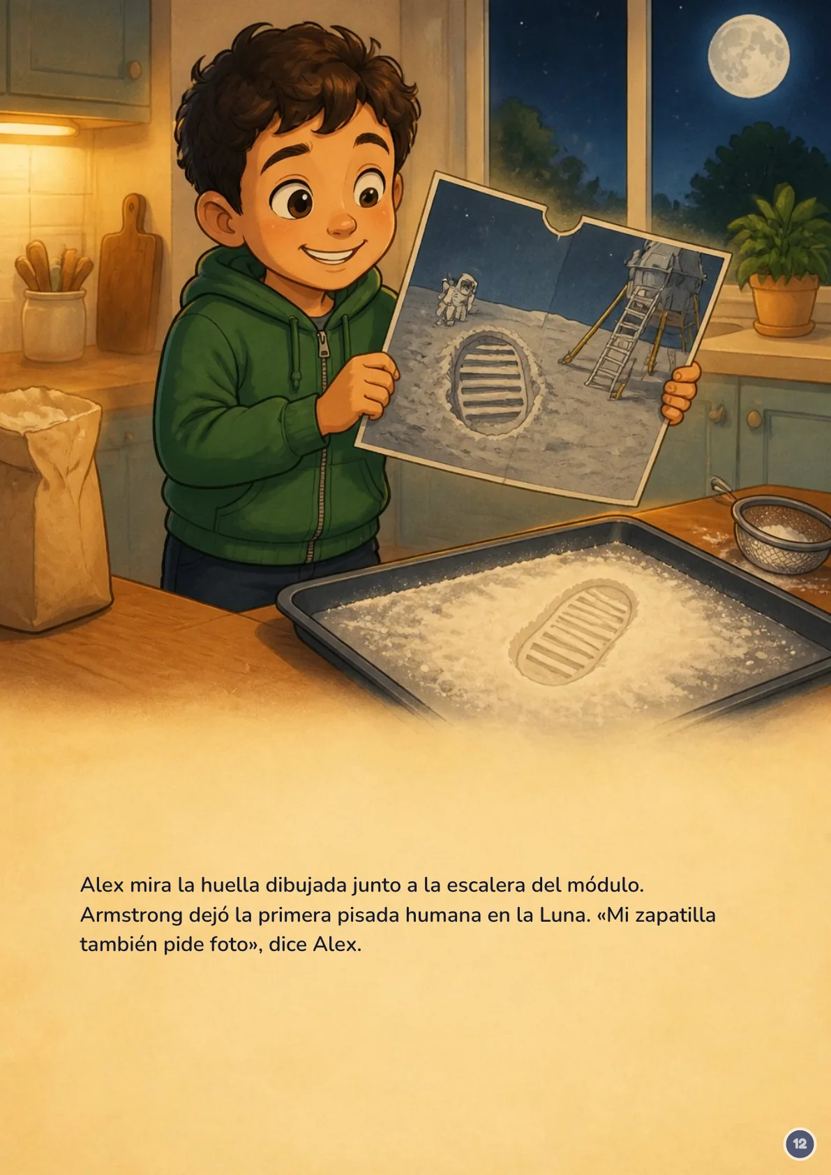 Page 12 of 20 of the fictional story Alex y el mapa de la Luna, in Spanish
