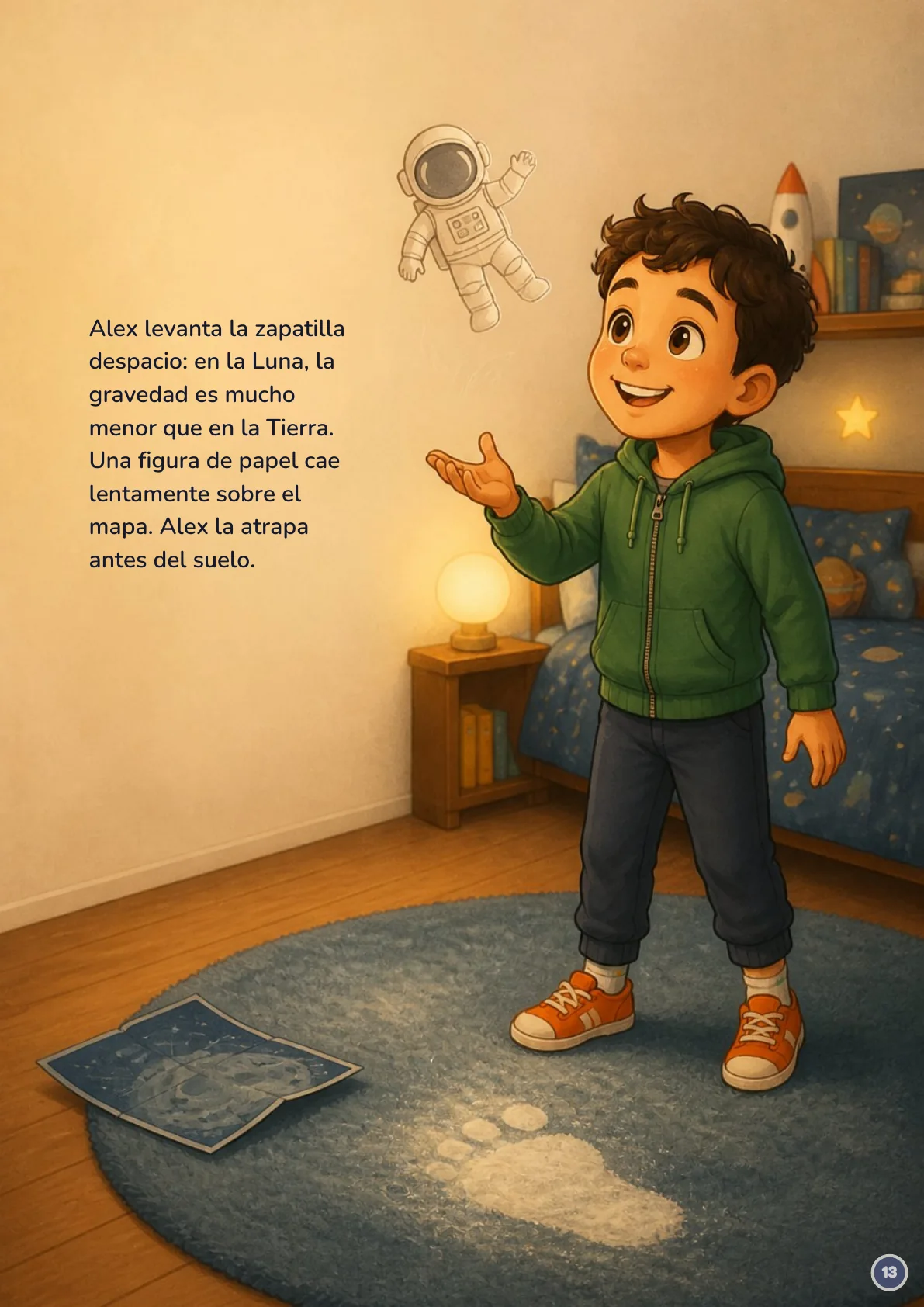 Page 13 of 20 of the fictional story Alex y el mapa de la Luna, in Spanish