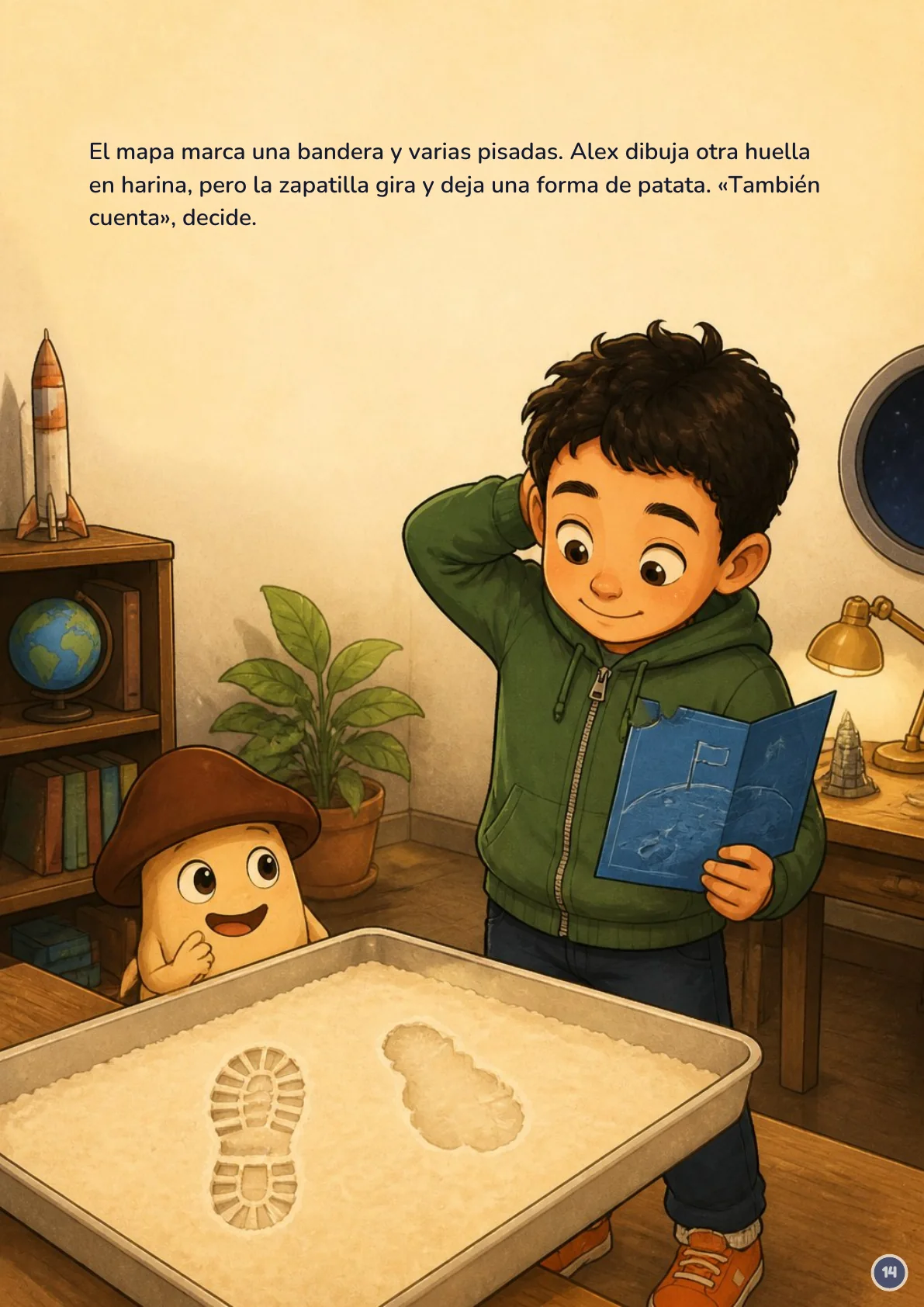 Page 14 of 20 of the fictional story Alex y el mapa de la Luna, in Spanish