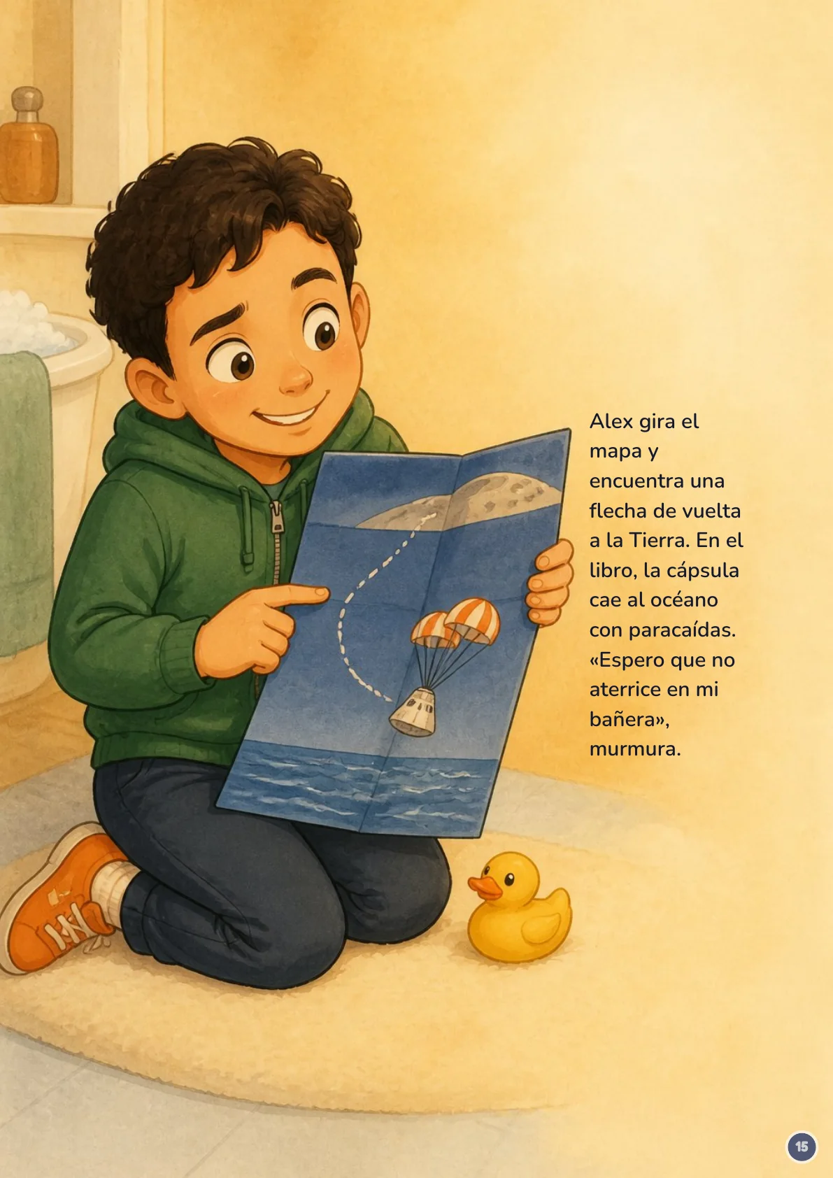 Page 15 of 20 of the fictional story Alex y el mapa de la Luna, in Spanish