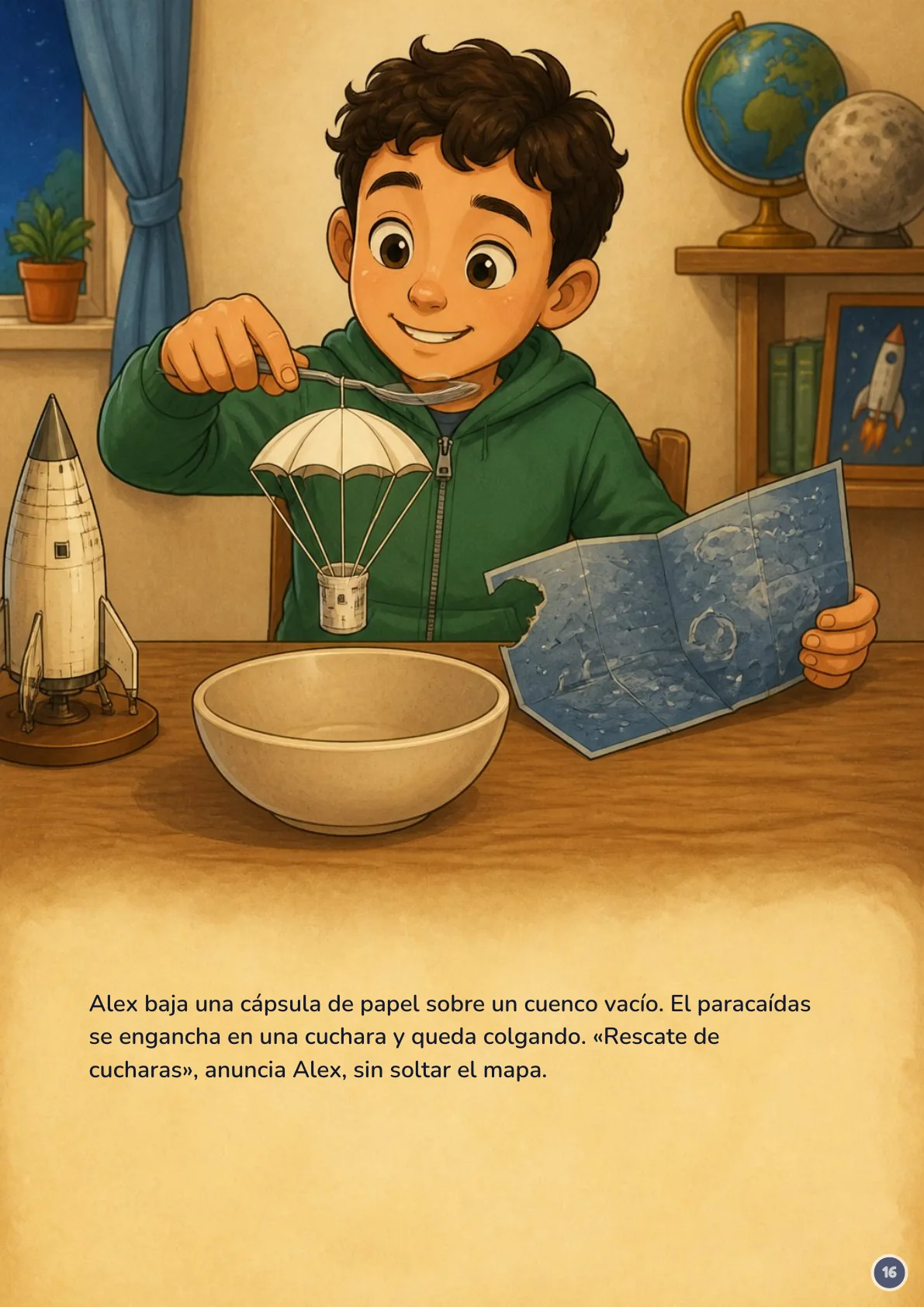 Page 16 of 20 of the fictional story Alex y el mapa de la Luna, in Spanish