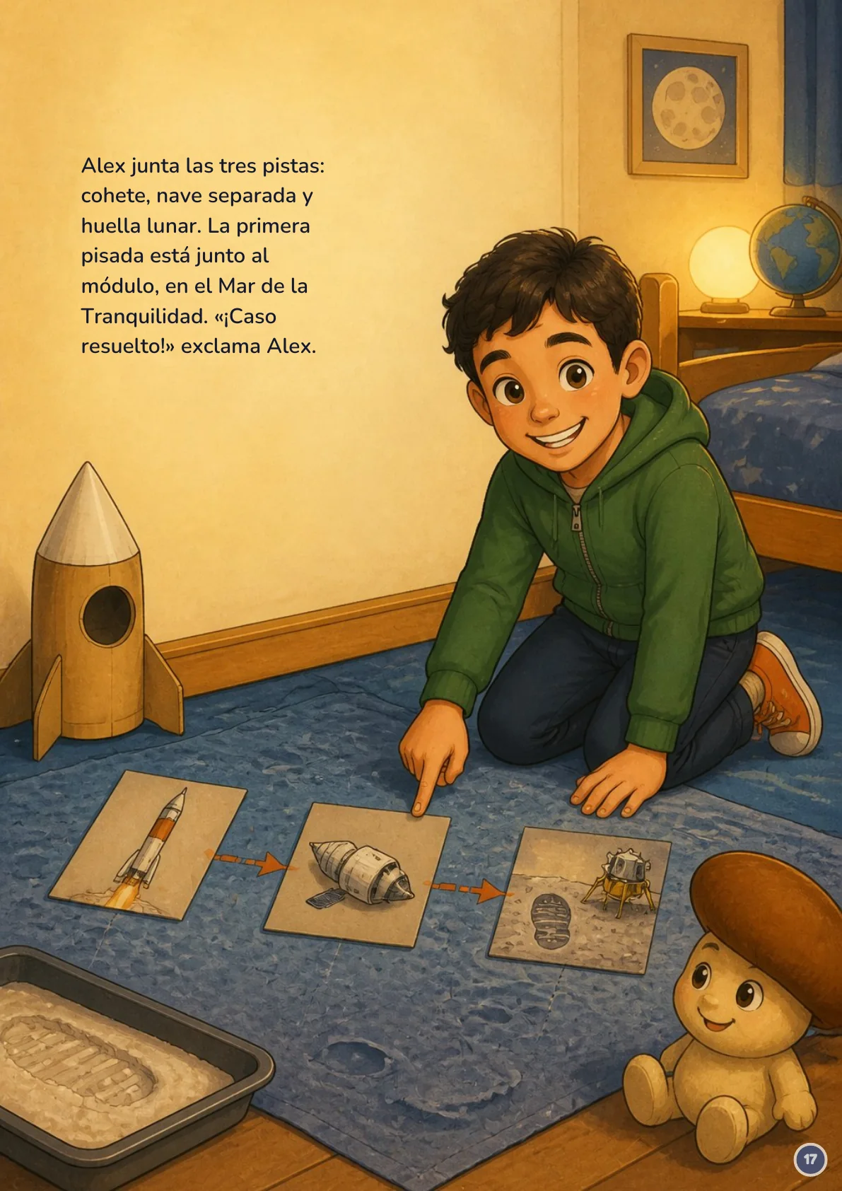 Page 17 of 20 of the fictional story Alex y el mapa de la Luna, in Spanish