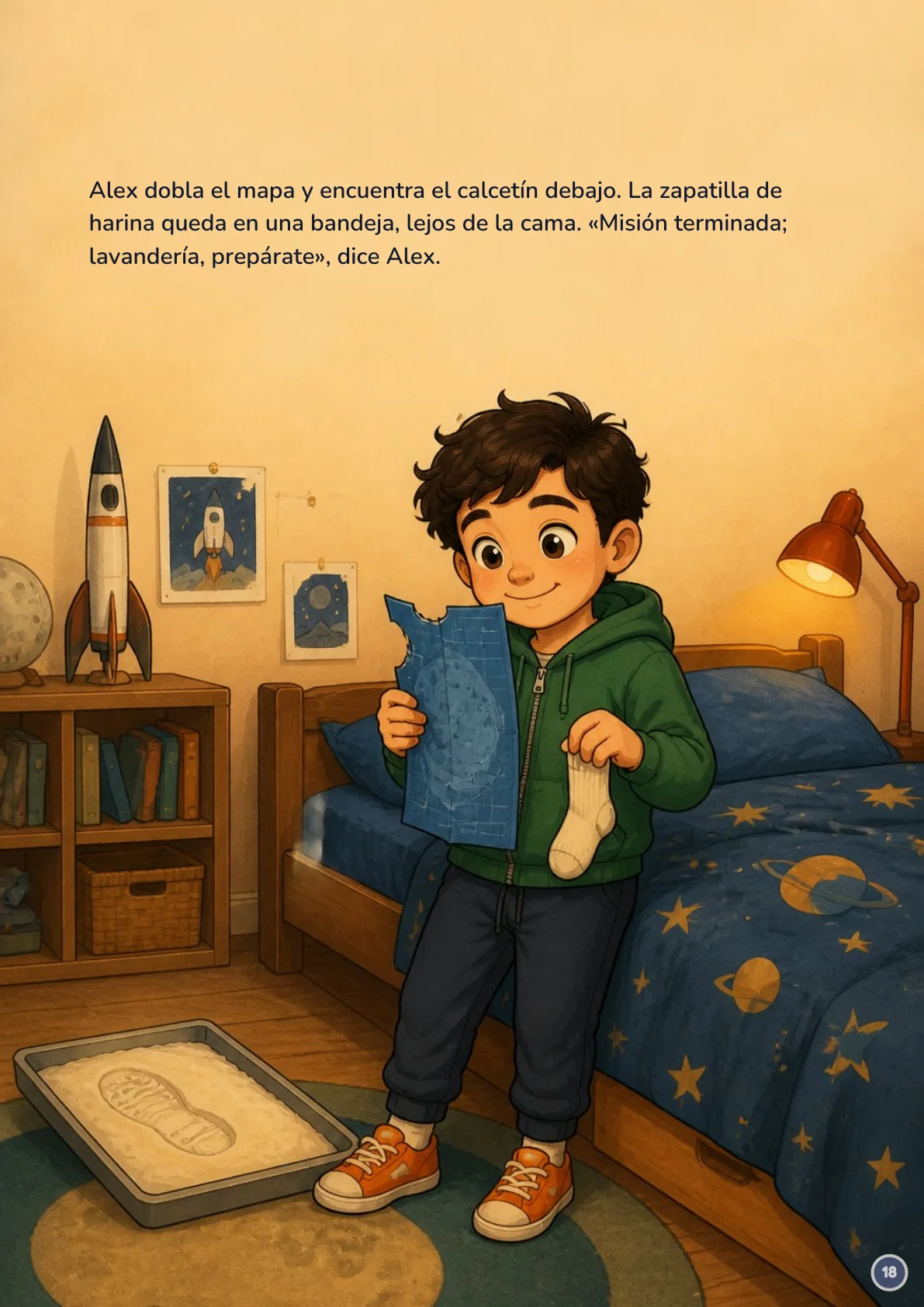 Page 18: Alex holds the folded map and a sock by the bed; a tray with a footprint sits on the floor, with Spanish text above