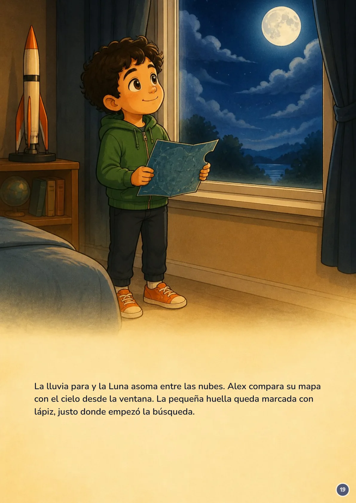 Page 19 of 20 of the fictional story Alex y el mapa de la Luna, in Spanish